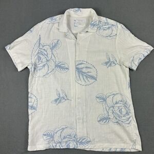 Porter & Ash Shirt Mens Large White Blue Linen‎ Blend Floral Button Up Casual